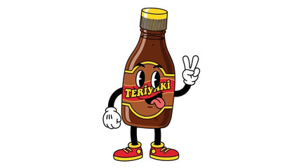 Funny Teriyaki Sauce Bottle Character with Googly Eyes and Arms Gesturing Peace Sign