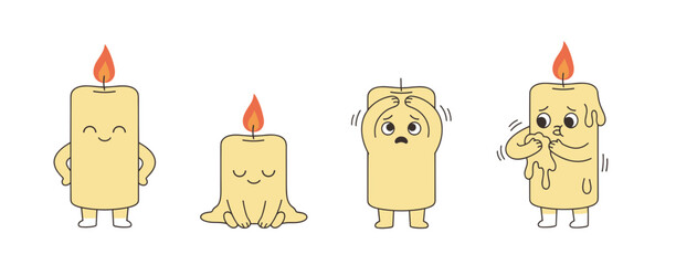 Set of cute cartoon candle characters with different expressions and state of melting, illustrating heat, sadness, and relaxation vector