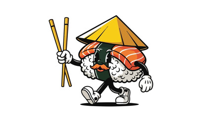 Cute Sushi Character with Conical Hat and Chopsticks, Whimsical Food Illustration