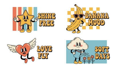 Retro Cartoon Character Illustrations Featuring Fun Fruits, Stars, Hearts, and Clouds