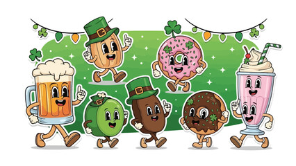 Happy Cartoon St. Patrick's Day Food and Drinks Characters Dancing Celebration