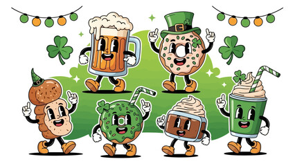Funny Cartoon Food Characters Celebrating St. Patrick's Day with Festive Decorations