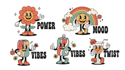 Retro Cartoon Characters Set: Flower, Drink, Soda Can, Rainbow with Smile