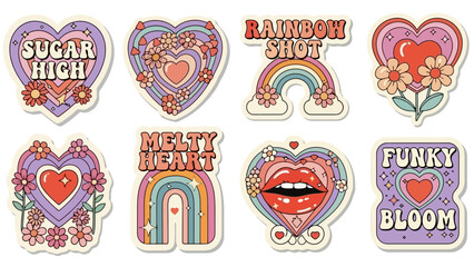 Retro Valentine's Day Stickers with Hearts, Flowers, and Rainbows