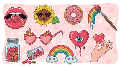 Retro Valentine's Day Stickers Collection with Hearts, Rainbows, and Flowers