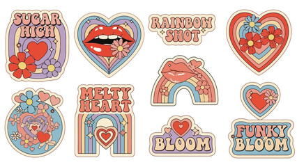 Retro Valentines Day Sticker Pack with Hearts, Lips, Flowers and Rainbows