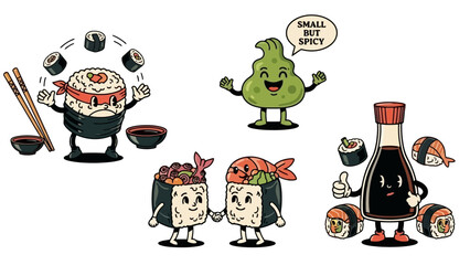 Retro Sushi Characters: A Fun Collection of Japanese Food Illustrations