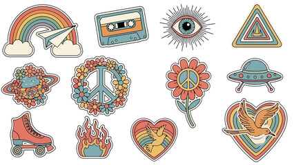 Retro Psychedelic Sticker Collection: Peace, Love, and Good Vibes Vector Art