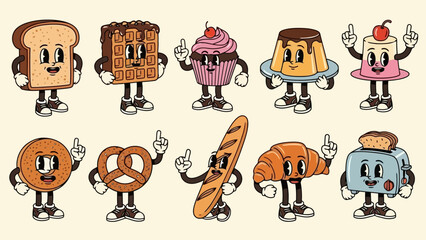 Retro Cartoon Bakery Characters Collection: Bread, Waffle, Cupcake, Croissant, Toaster