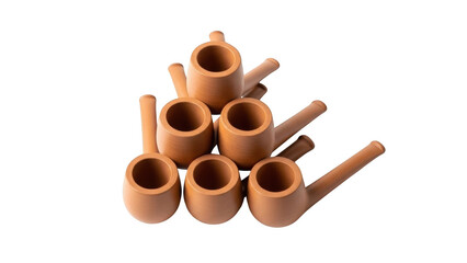 Stack of terracotta smoking pipes on black background