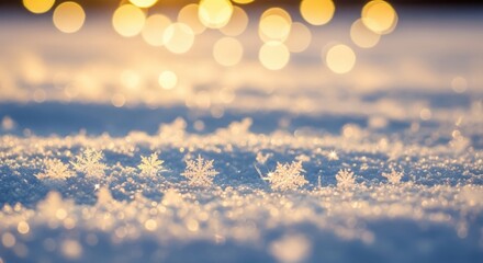 Glittering Winter Snowflakes on Soft Snow Illuminated by Golden Christmas Lights
