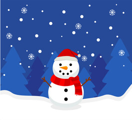 Christmas Snowman with hat and scarf, cartoon character. Winter season.