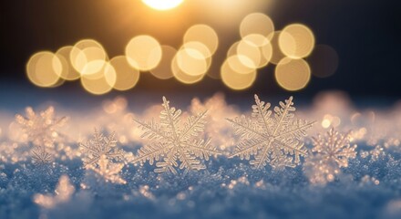 Elegant Snowflakes Twinkling on Frosty Snow with Cozy Golden Holiday Bokeh
