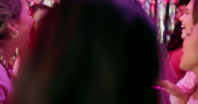 Friends, women and dancing at bridal party with bridesmaids, celebration or smile together. Diversity people, bride and dancer in group for bachelorette event, social gathering or excited for bonding - Powered by Adobe