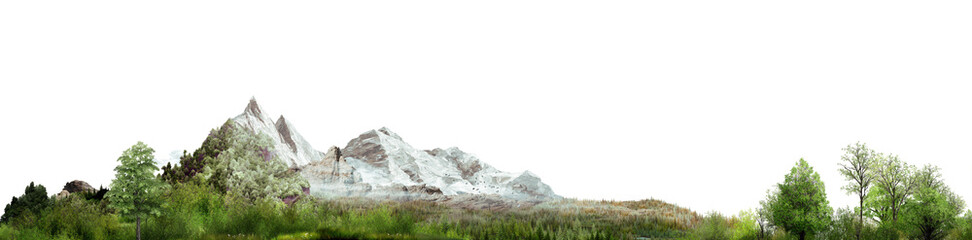 grass on white background/Scenic mountain landscape with lush green forests and clear natural surroundings under an open sky.