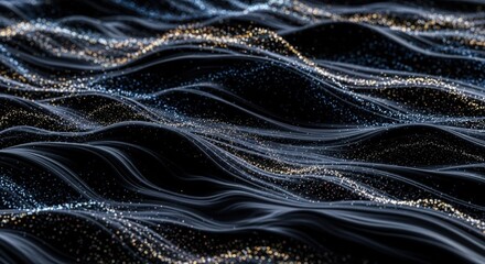 Dark flowing abstract waves with shimmering particle texture