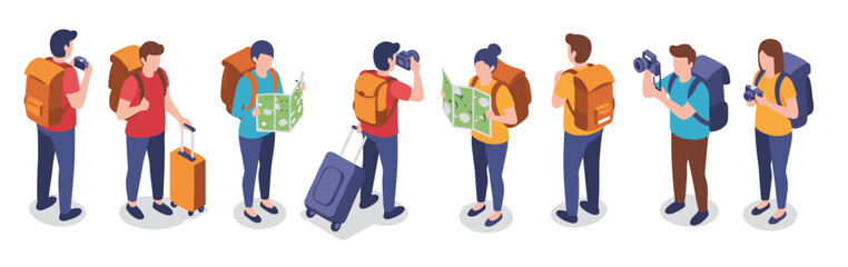 isometric travel enthusiasts exploring with maps and cameras