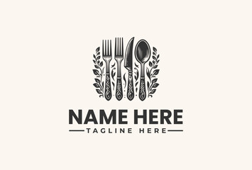 Elegant Restaurant Logo Vector Illustration Featuring Cutlery Surrounded by Botanical Elements