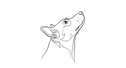 White outline of a dog head howling on black background