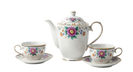 White porcelain teapot and two teacups with floral pattern