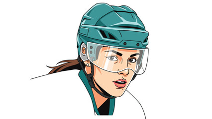 A female hockey player wearing a green helmet and protective gear on her face, looking determined on the ice rink with a strong expression