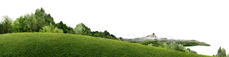 Obraz premium grass lush green meadow stretching toward distant forests and snowy mountain peaks.