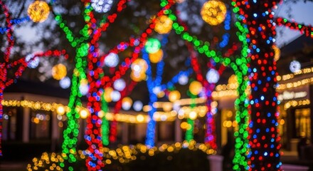 Colorful festive lights draped outdoors producing bright blurred bokeh ambiance
