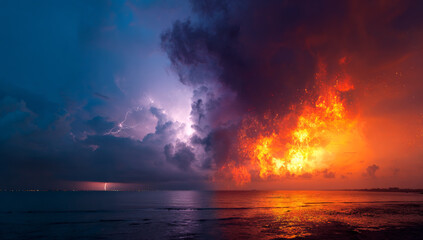 Split scene showing dramatic dark stormy clouds with launcher character on the left and fiery orange glowing clouds reflecting on calm water on the right
