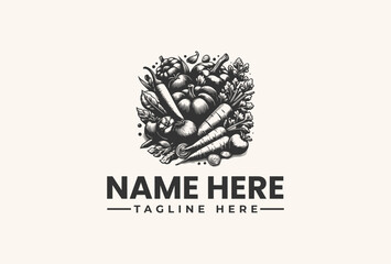 Vintage style organic vegetable medley logo vector illustration. Hand-drawn farm fresh produce for healthy food branding and market concepts
