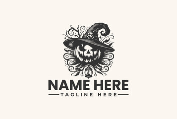 Spooky Halloween Pumpkin Witch Hat Logo Vector Illustration with Vintage Floral Ornaments, Old Lantern, and Engraved Design Style for Autumn Celebrations