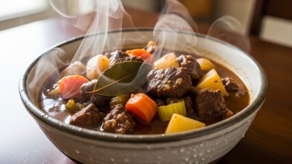 Fototapeta premium Steaming Hot Beef Stew with Vegetables in a Ceramic Bowl.