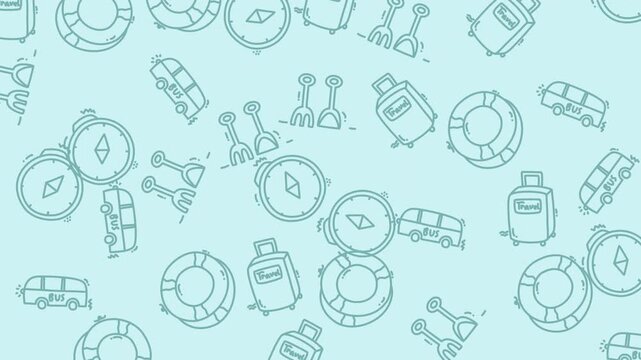 Travelthemed pattern with compasses, campers, suitcases, and life preservers. Perfect for travel blogs, vacation promotions, or adventurethemed designs. - Powered by Adobe