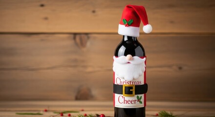 Christmas-Themed Wine Bottle Decorated with Santa Accessories on Wood Background