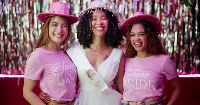 Bachelorette party, celebration and face of women at club for bride to be, wedding and night out. Support, bridal shower and hen do with portrait of people for social event, friends and happiness