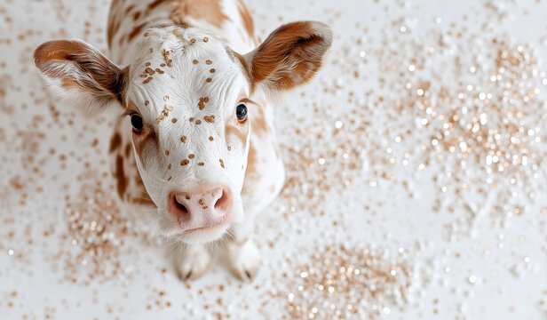 Cute cow calf with golden confetti spots on left side &ndash; playful farm animal portrait with copy space, top-down view