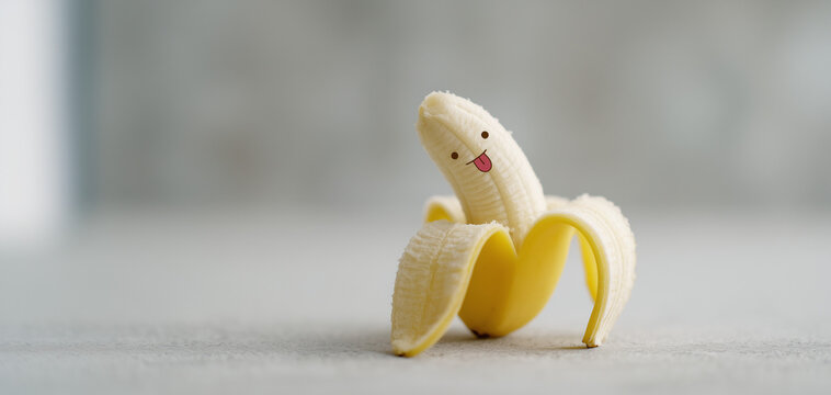 Smiling peeled banana with playful face &ndash; minimal food humor concept with copy space