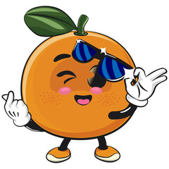 cute orange mascot character opening sunglasses while giving a sign of love,, happy mandarin fruit cartoon vector illustration, work of hand drawn