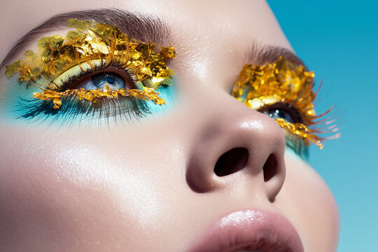 Editorial beauty close-up with turquoise eyeshadow and gold foil flakes with blue sky backdround &ndash; luxury makeup Fireworks Eyelashes Concept