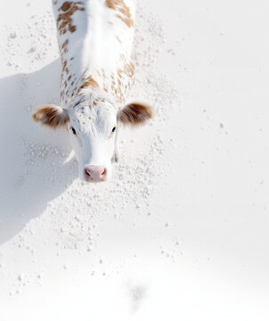 Aerial view of a white calf looking up on a clean snow-like background &ndash; minimal winter portrait for modern visual use with copy space.