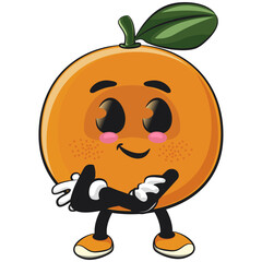 cute orange mascot character folding his arms calmly, happy mandarin fruit cartoon vector illustration, work of hand drawn