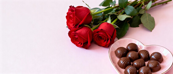 Romantic surprise with three red roses and heart shaped plate of assorted chocolates on pastel background for valentine's day gift