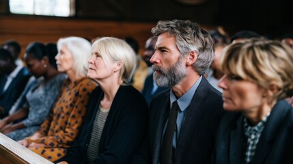 A diverse assembly of adults sits attentively in wooden church pews, immersed in contemplation. The atmosphere is serene, highlighting shared experiences and unity among the attendees