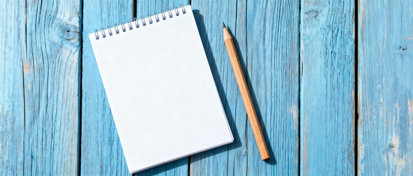 spiral notebook and wooden pencil on rustic blue wooden table background with copy space for notes, journaling, or creative writing - Powered by Adobe