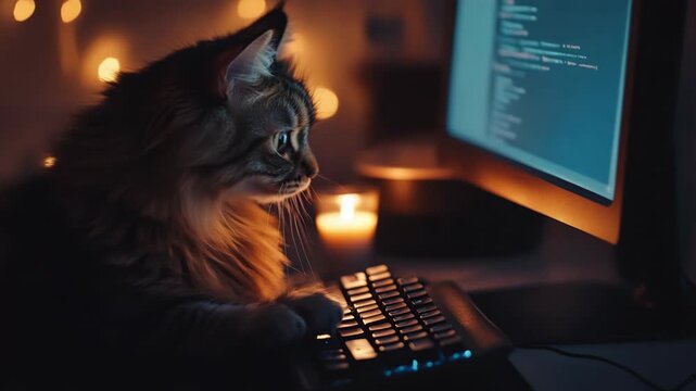 A charming cat is engrossed in the art of programming within the vast expanse of cyberspace during the nighttime surrounded by a beautiful display of soft, glowing lights that create a serene ambiance
