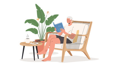 Elderly woman relaxing in a wicker chair reading a book next to a plant on a side table isolated on white background