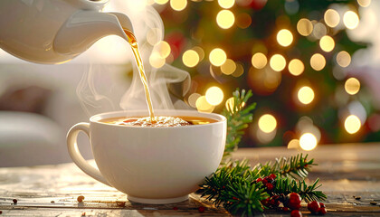 Close-up shot of pouring hot tea beside a Christmas tree, warm steam rising, glowing lights in the background, relaxed lifestyle aesthetic.