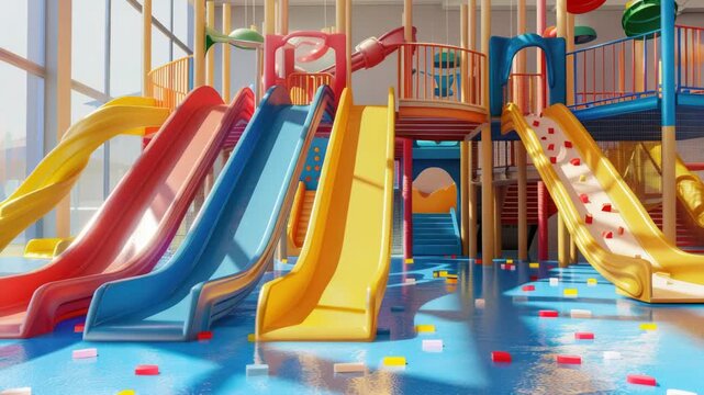 Video A vibrant playground scene featuring a bright colored slide and surrounding equipment