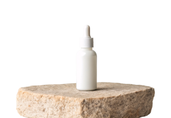 White dropper bottle serum on natural stone platform cosmetic, isolated on a transparent background