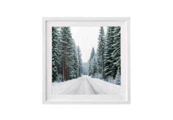 Snow covered forest path winter scene white picture frame, isolated on a transparent background