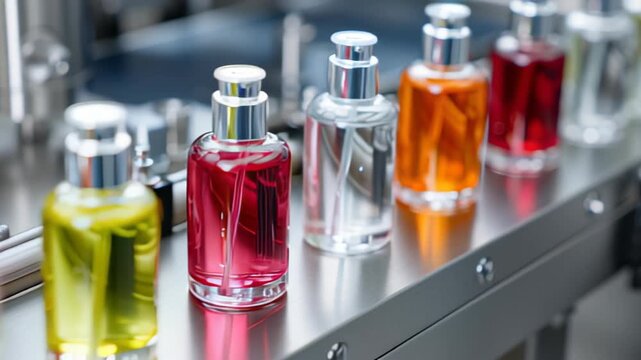 Perfume bottles on production line in modern fragrance factory